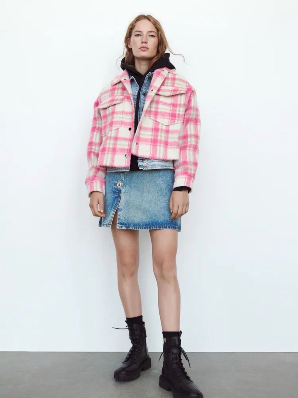 ZARA Pink and Cream Plaid Wool-Blend Shacket - Picture 5 of 5